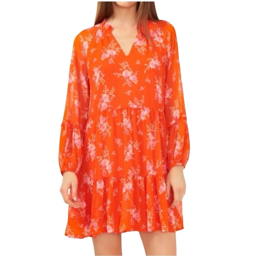 Floral Orange V-Neck Feminine Long Sleeve Midi Dress Wedding Guest Large - Picture 15 of 15